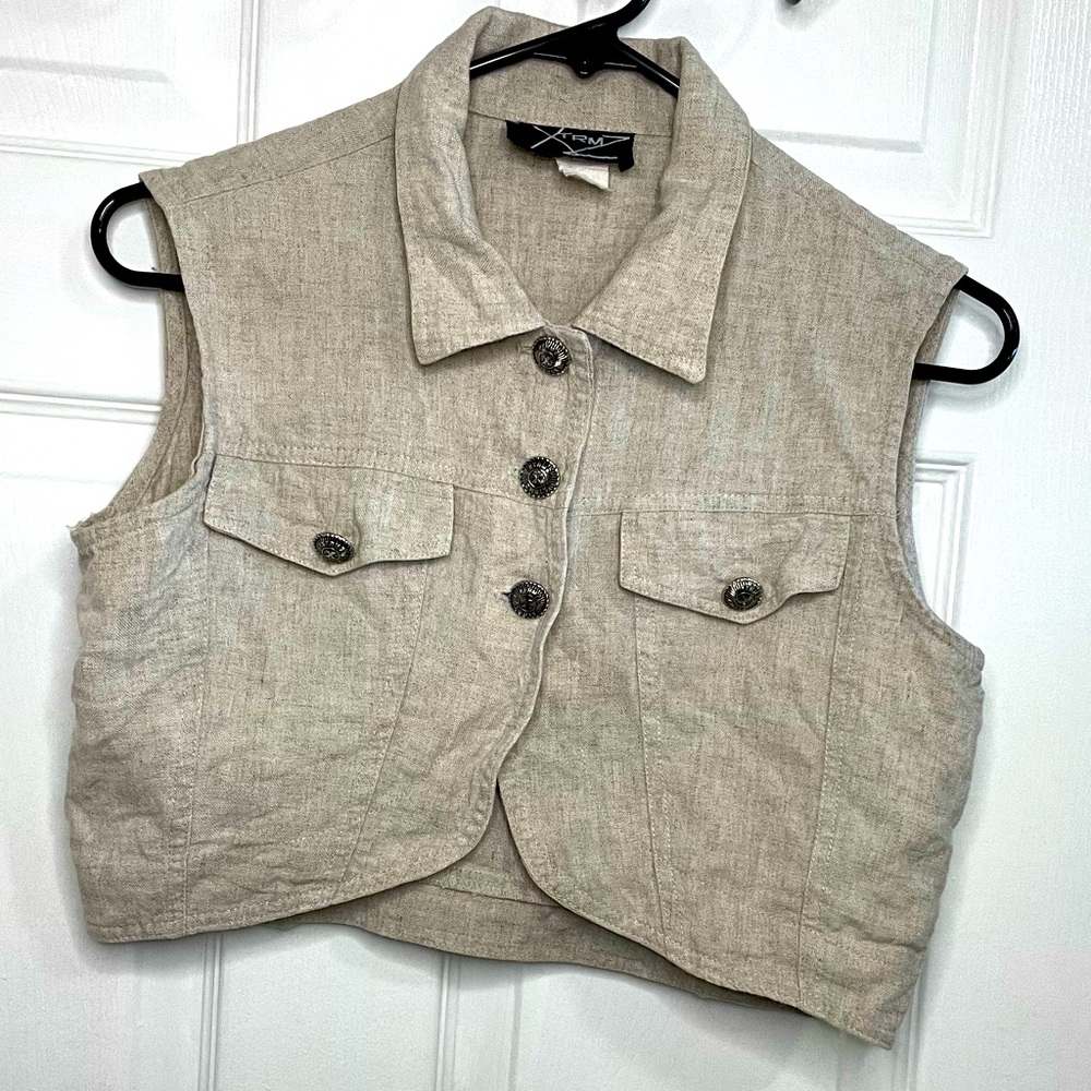Utility vest, cute, tan, trendy, can be worn as a top